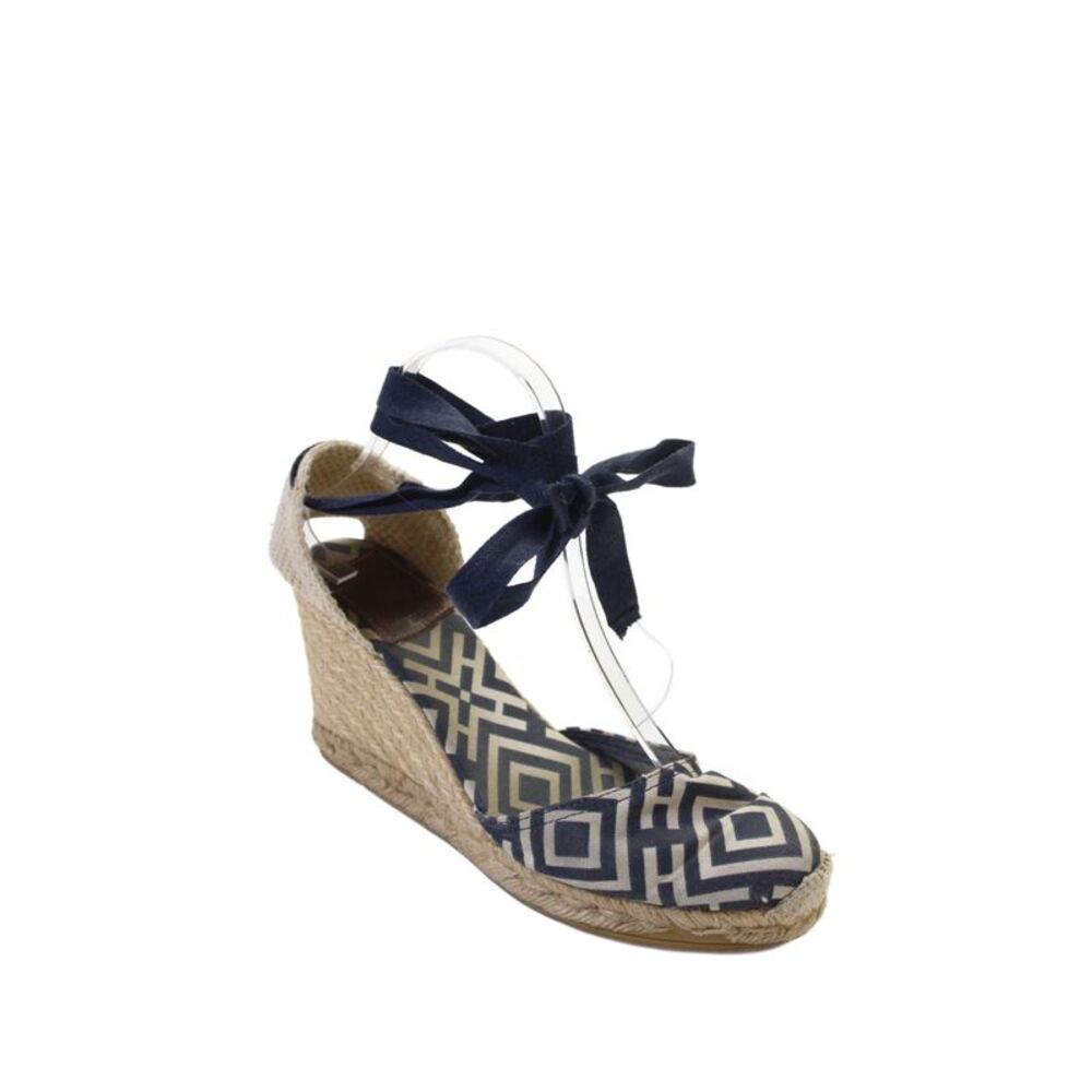 Tory Burch Womens Geometric Canvas Wedge Espadrille Sandals Beige Size 8